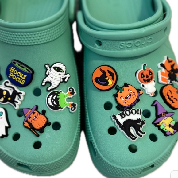 CROCS Teal Clogs with Halloween Charms - Picture 1 of 7